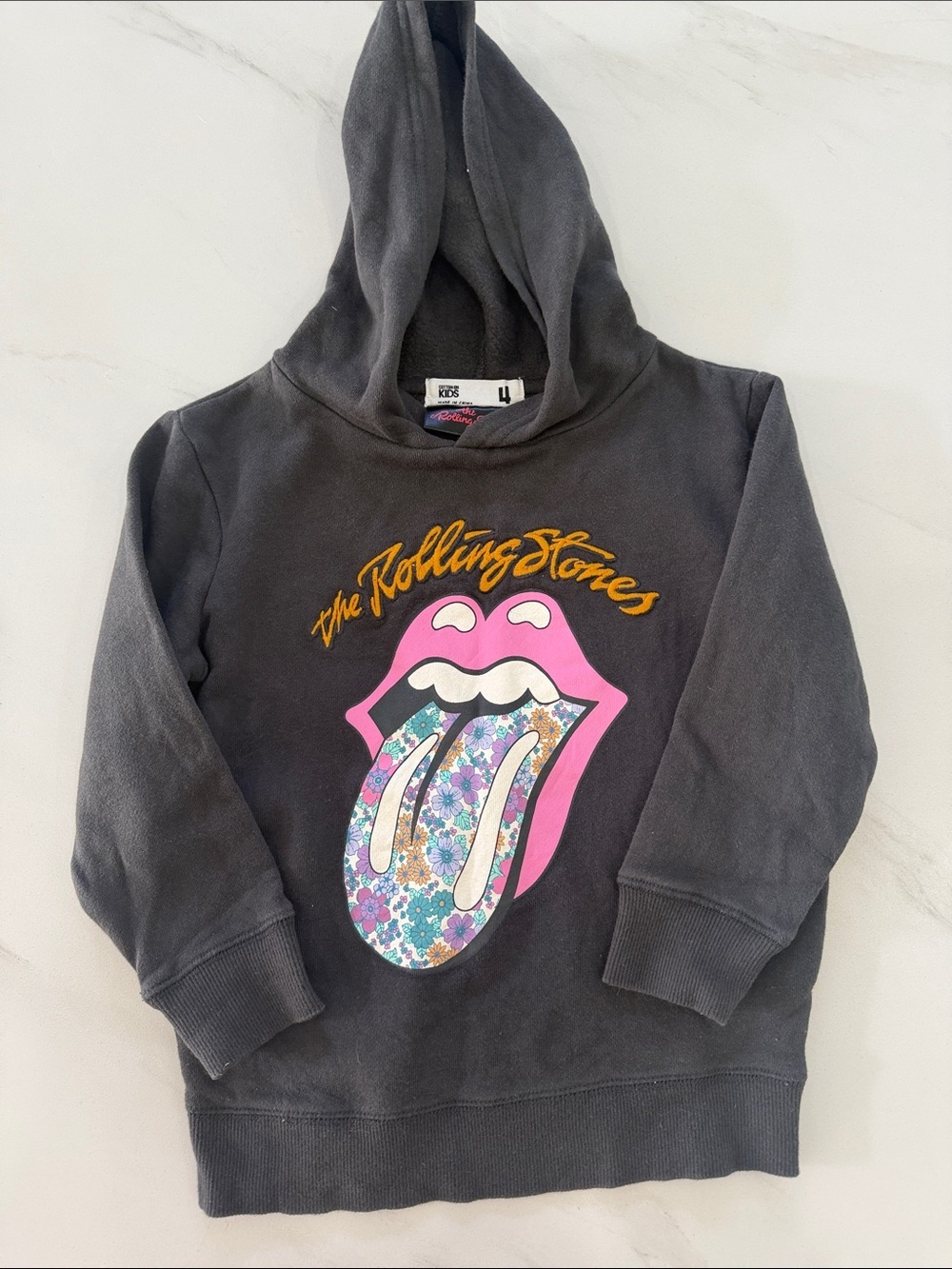 the Rolling Stones Gray Kids Hoodie with Pink Floral Tongue Graphic